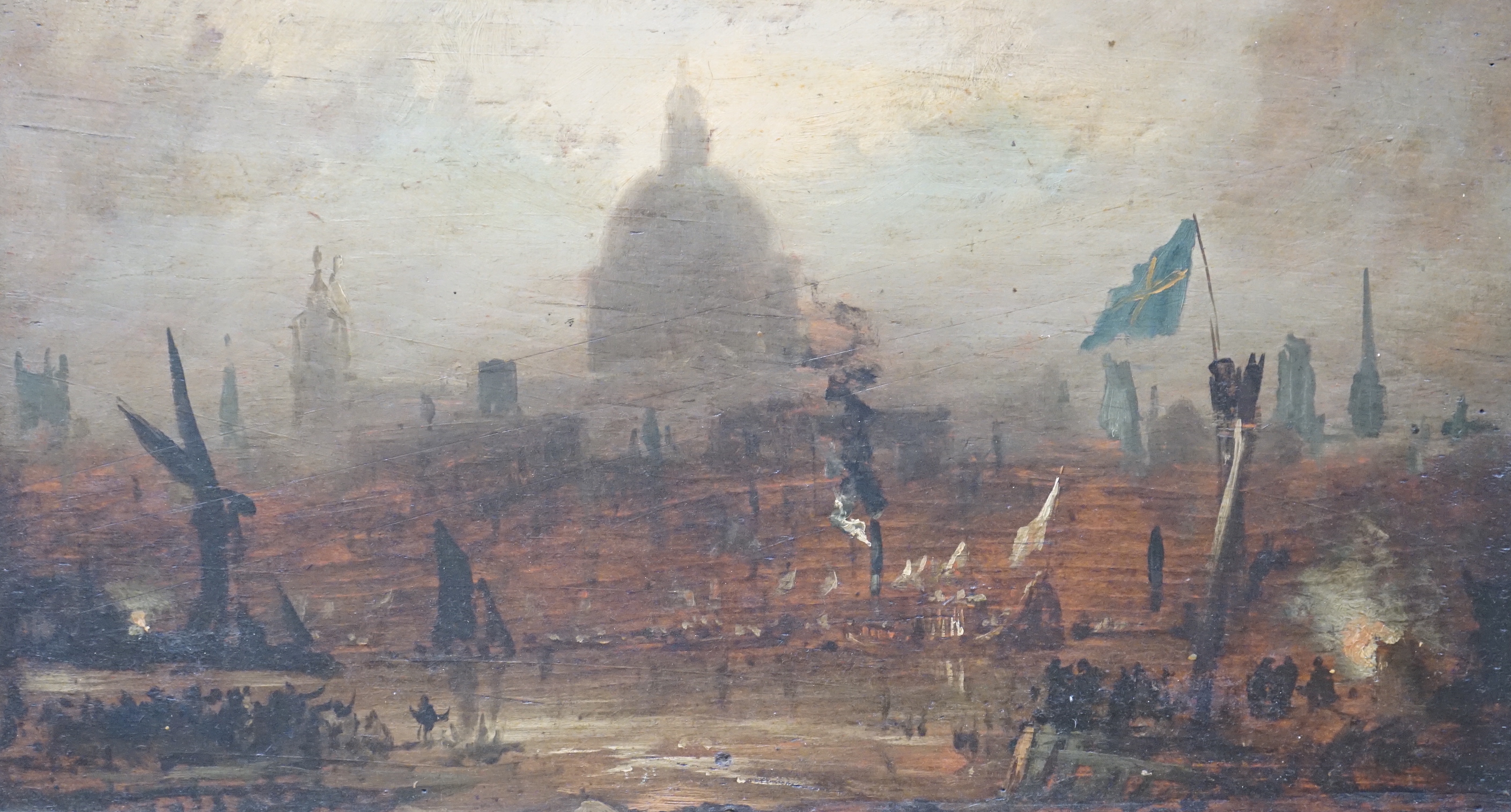 Late 19th/early 20th century English school, oil on board, St Paul's Cathedral, London, unsigned, 27 x 50cm